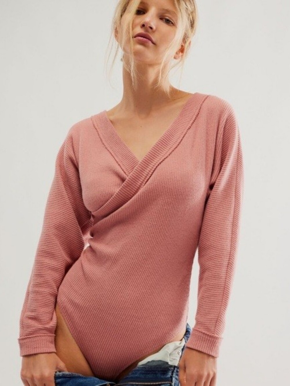 Free People Dusty Pink Lovin This Feeling Waffle Knit Thermal Bodysuit - Size XS